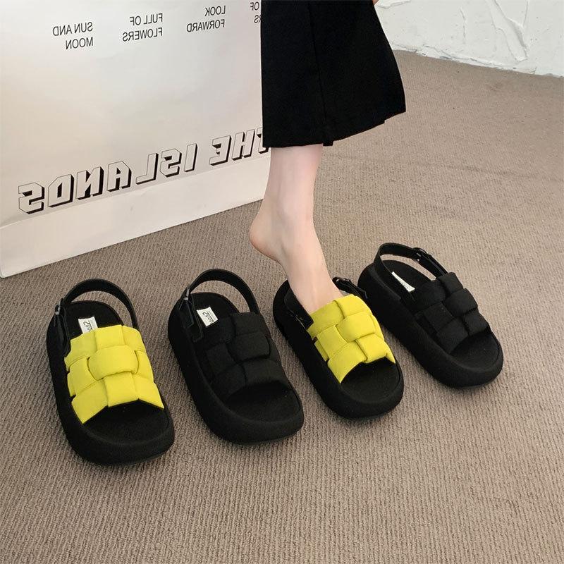 Open-toed fashion woven casual sandals  summer new breathable comfortable versatile thick-soled heightening beach shoes