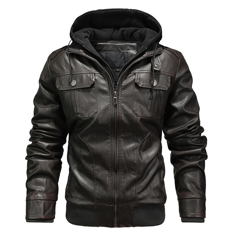 Men's Winter Plus Size PU Leather Jacket with Detachable Hood - Fleece-Lined Motorcycle Coat, European & American Style