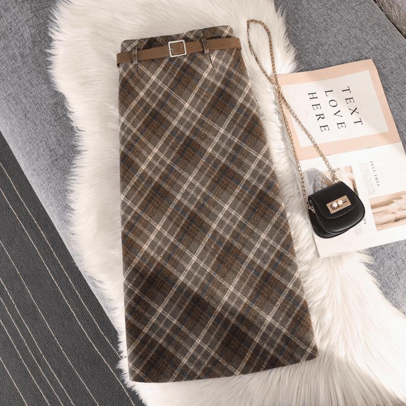 Non-Itchy Vintage Plaid Wool Blend Midi Skirt - Women's High Waist Slimming A-Line with Slit