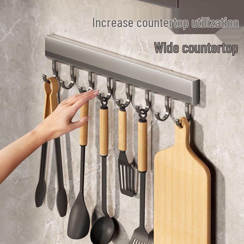 Punch-Free Space Aluminum Kitchen Utensil Rack with Hooks