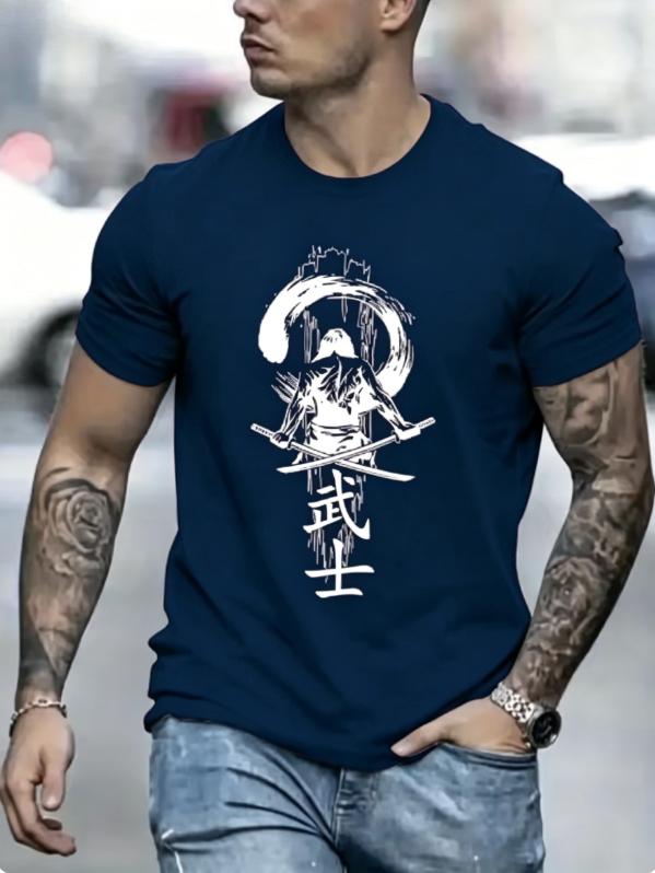 Unisexs Summer Cotton Fashionable Casual Sports Loose Japanese Samurai Pattern Printed Round Neck Short Sleeve Tshirt Top Shirts