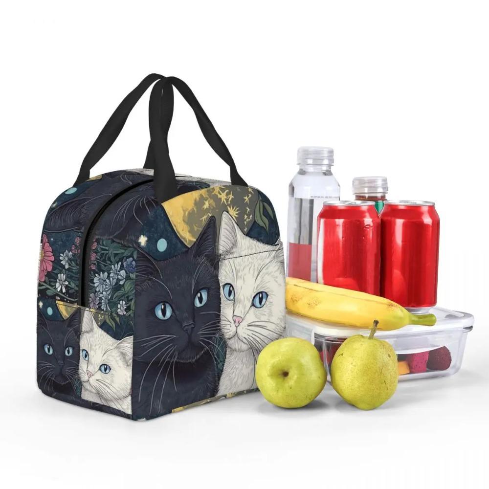 Cartoon Black White Cat Print Insulated Lunch Bag for Women Kids Leakproof Food Boxes Thermal Lunch Box Tote