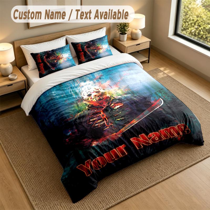 3Pcs Bedding Set Custom Name Text, 1 Sheet 2 Pillowcases Home Bed DecorFriday the 13th Jason Voorhees