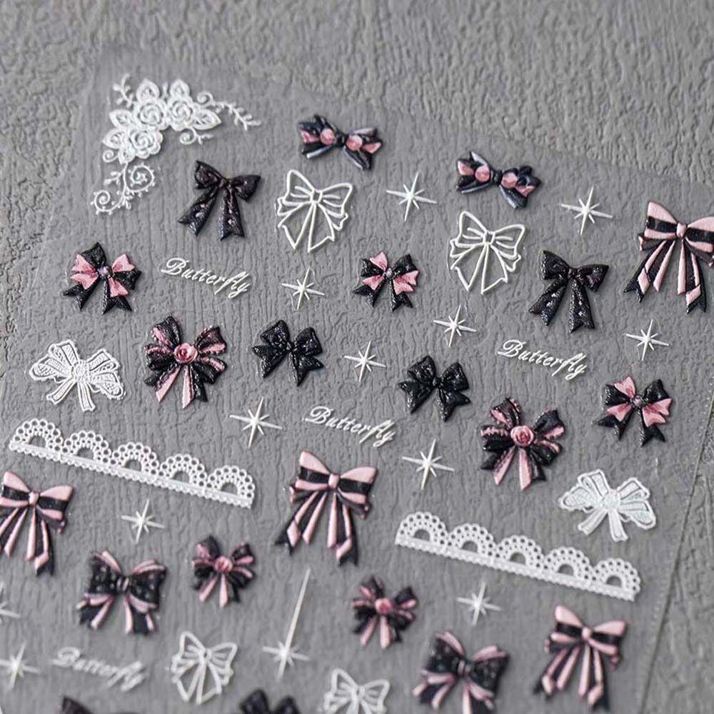 Love Heart Bowknot Nail Decals Pink White Black Lace Bow Nail Decorations Lady