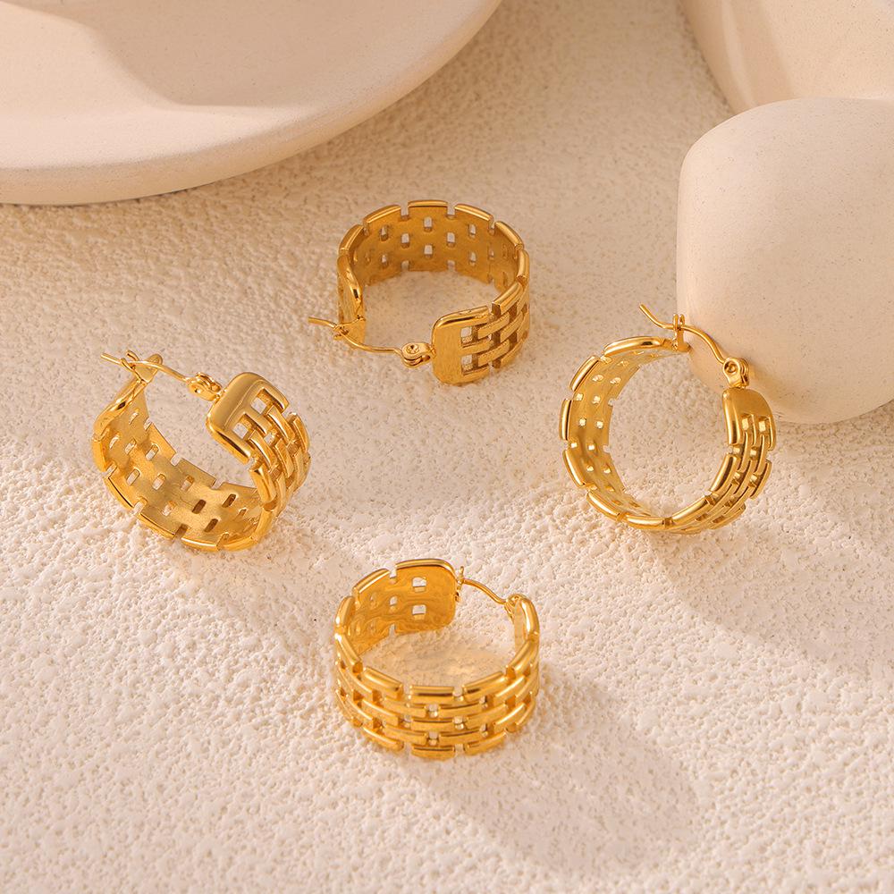 European-INS Style C-Shaped Titanium Steel Earrings for Women, Hollow Carved, Non-Fading