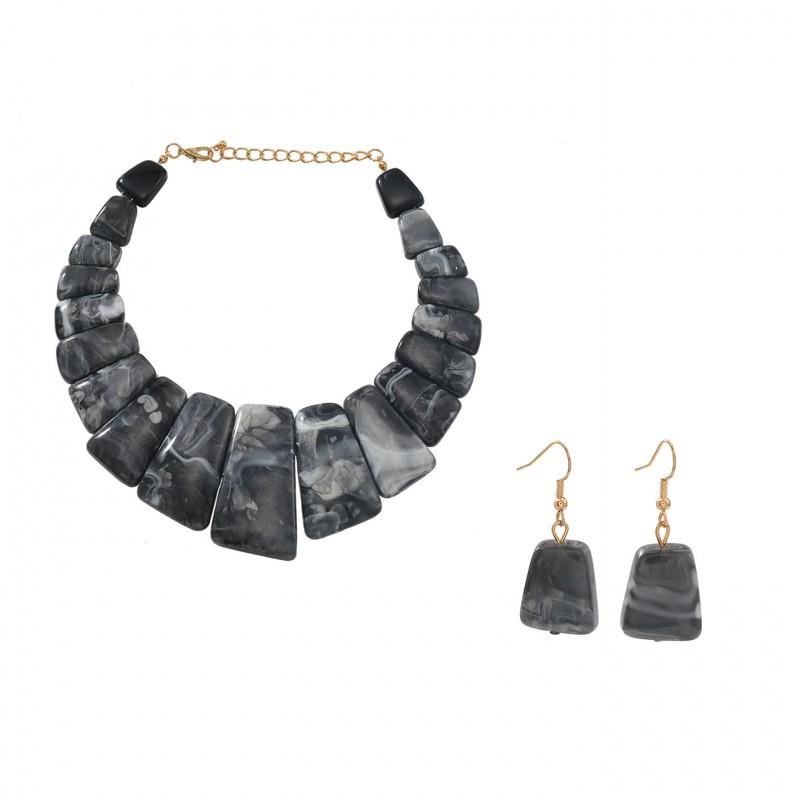 Bohemian Vintage Statement Resin Necklace Earring Set Geometric Pendant Jewelry Women 2026 Black
