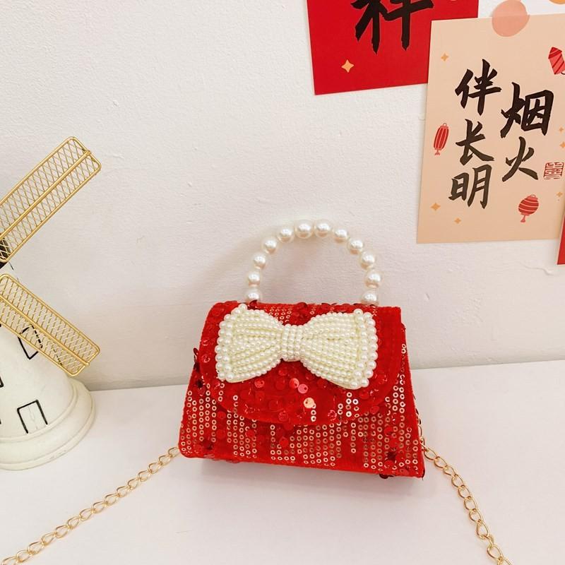 Adorable Red Shimmering Bow Pearl Children's Shoulder Bag For New Year Celebrations