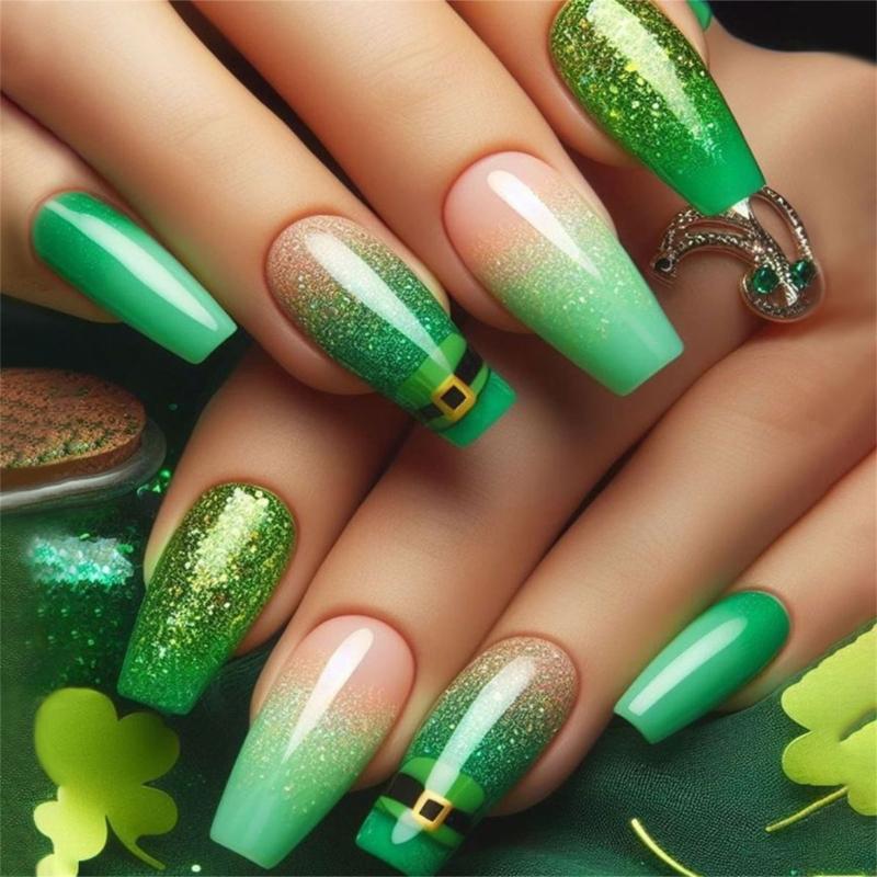 

24Pcs Saint Patrick’s Day Press on Nail French Nail Tip Ballet Fake Nail False Nail with Design Full Cover Acrylic Nail 1