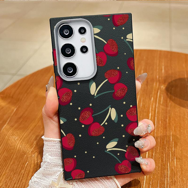 Cute Cherry Pattern TPU Leather Texture Slim Magnetic Case For Samsung S25 Ultra S24 FE S23 S22 S21 Wireless Charge Matte Shockproof Soft Phone Cover