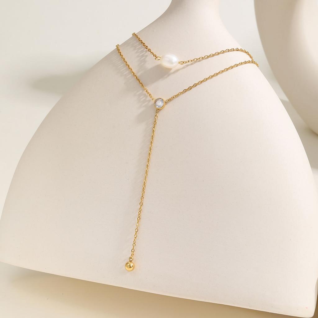 Titanium Steel Jewelry, Stainless Steel Double Chain Zircon Y-Shaped Necklace Wind Ladies Necklace Nc-1975