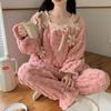 Women's Princess Style Coral Velvet Pajamas - Autumn Lace, Thick & Warm Home Suit