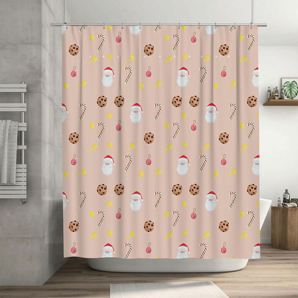 Christmas Shower Curtain - Santa Cookies & Candy Canes on Soft Pink, Waterproof Holiday Bath Decor with Cozy Bathroom Scene