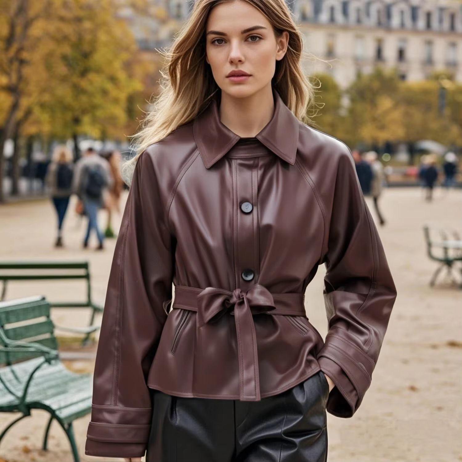 

2025 Spring/Summer Women s Slim Fit Faux Leather Jacket with Belted Waist and Turn-Down Collar. Medium