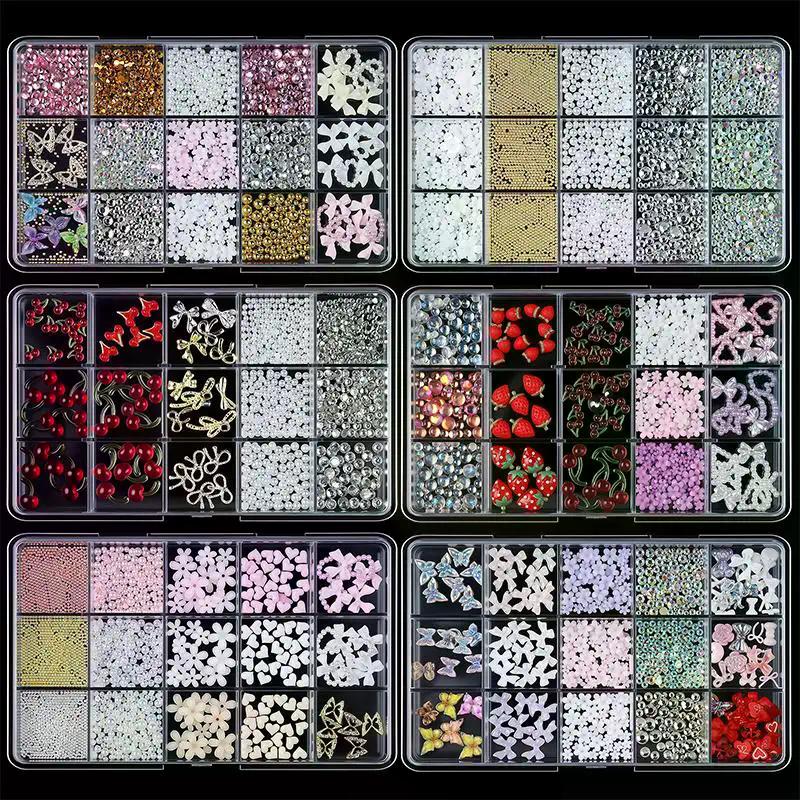 12/15 Grids/Box 3D Nail Art Decoration Kit With Resin Bowknot Pearls Heart & Assorted Shapes Kawaii Nail Charms DIY Manicure Art