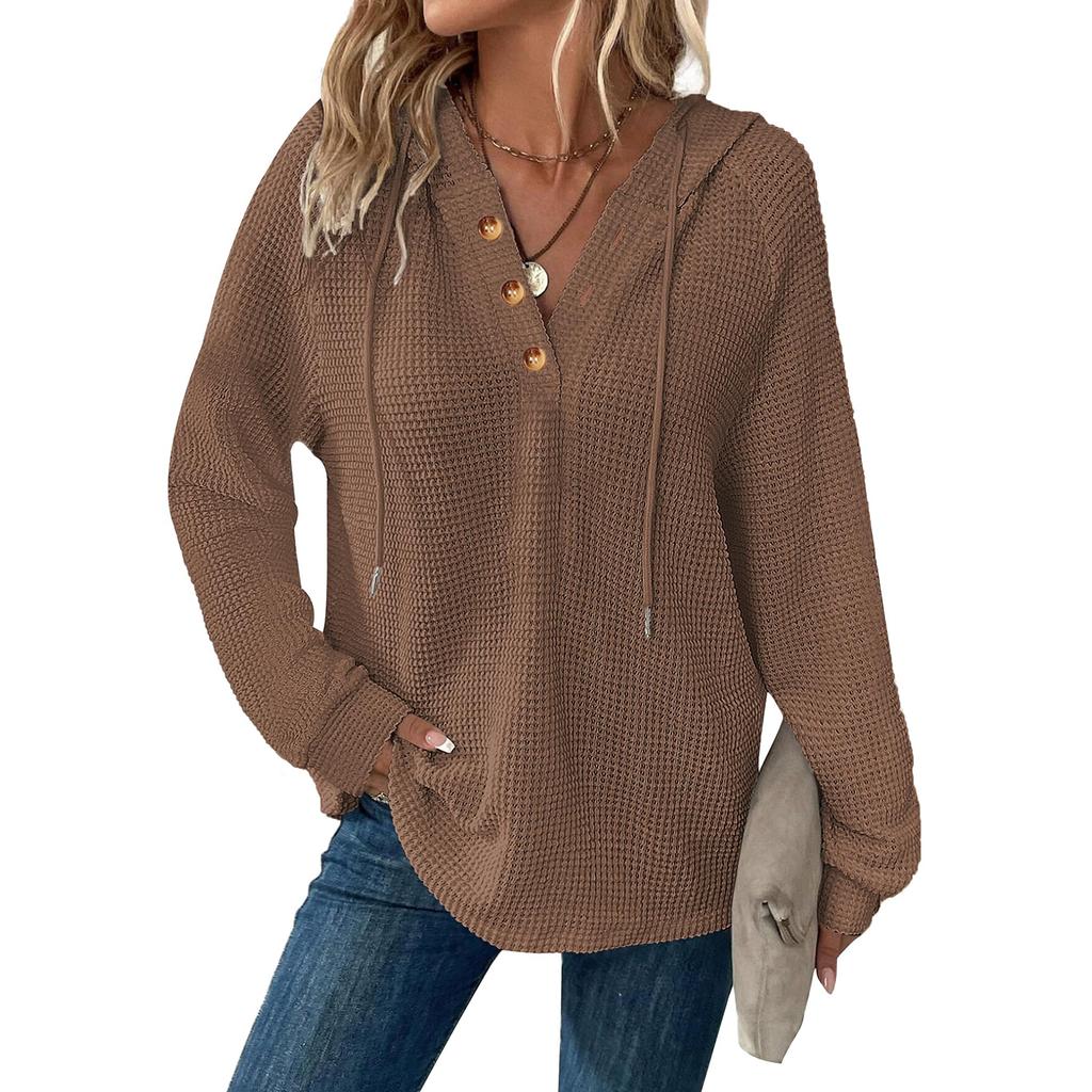 Women's Fashion Long Sleeve Drawstring Hooded Button V-neck Casual Hooded Sweatshirt Top