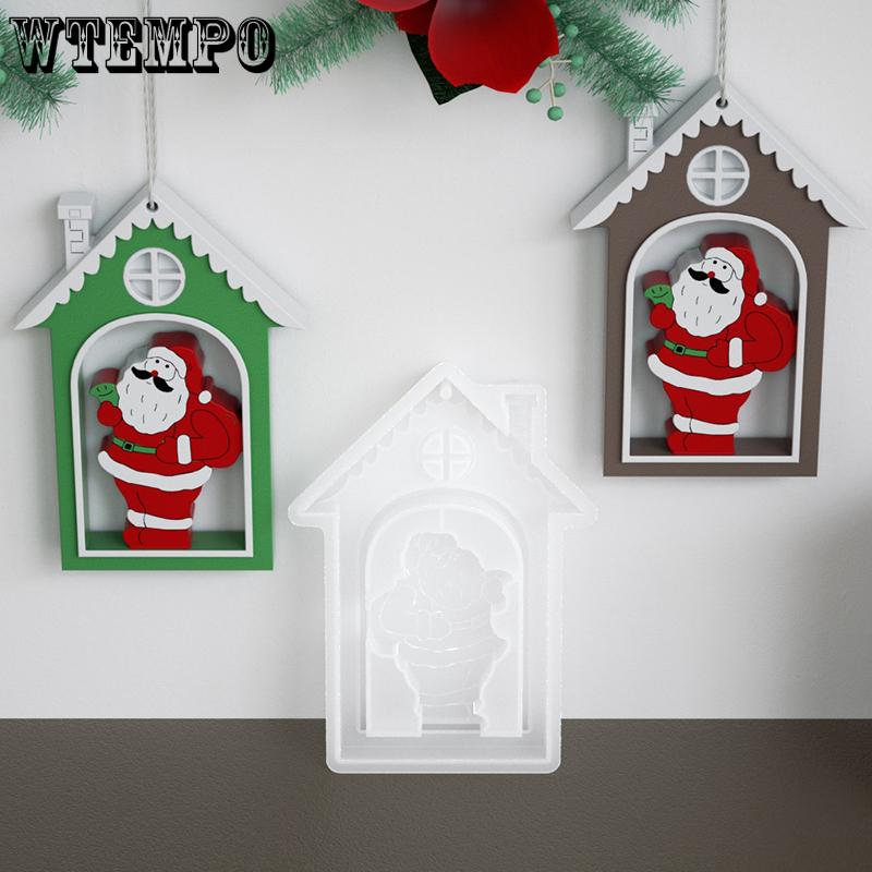 WTEMPO DIY Christmas Santa Claus Pattern House Design Mold Epoxy Resin Mold Scented Gypsum Display Stand Making Mold Hanging Pendent Silicone Mold