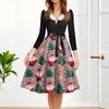 Women's Fashion Round Casual Slim Fit Christmas Print Large Swing Long Sleeve Dress