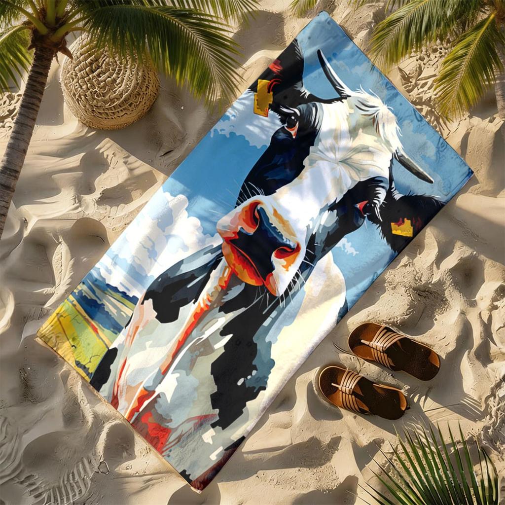 Modern oil painting style of cow pattern polyester microfiber beach towel is highly absorbent, suitable swimming beach outings