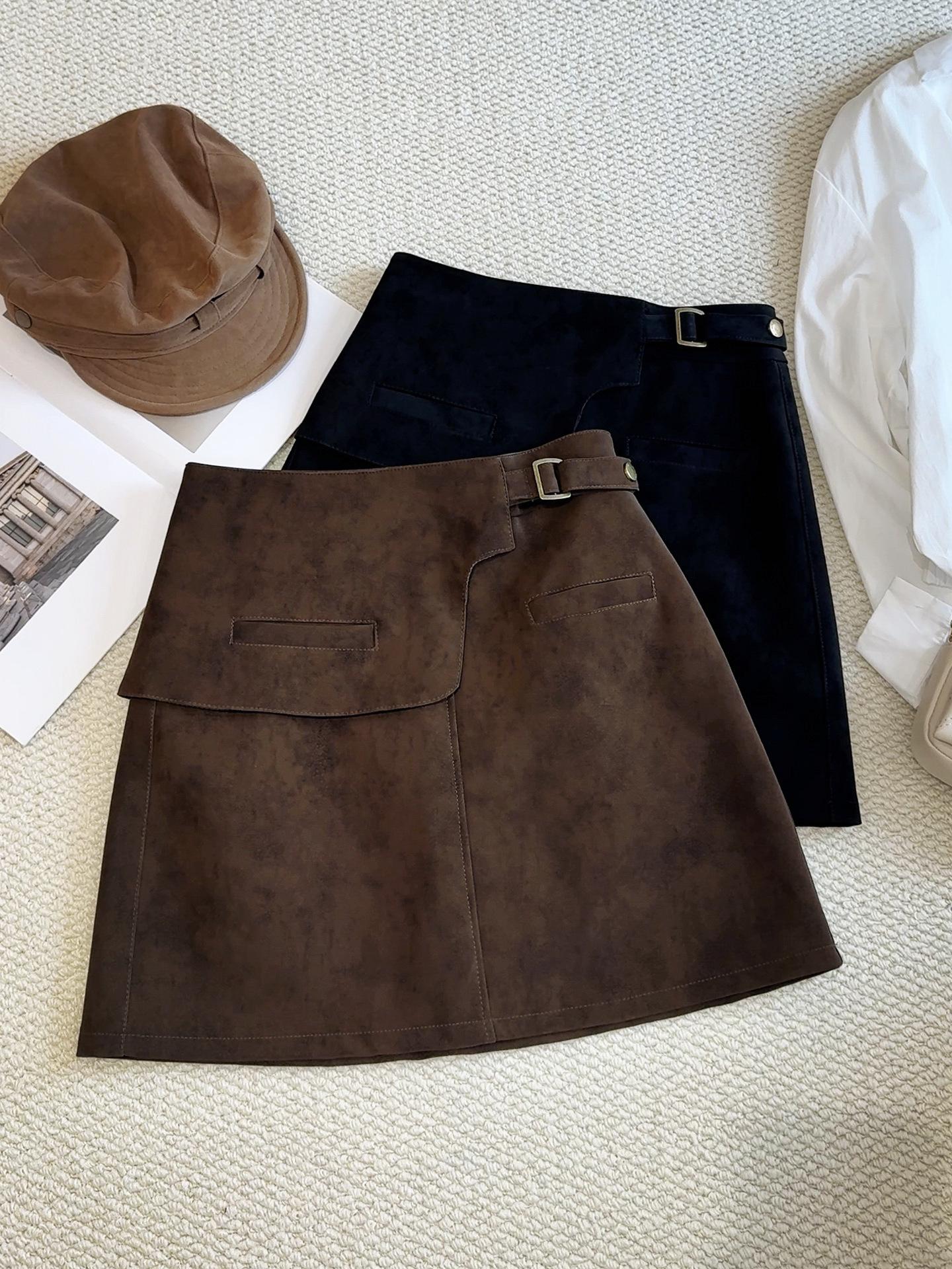 Ретро Кофейная Замшевая Асимметричная Юбка А-силуэта Большого Размера - Женская Весна/Осень, Короткая, Облегающая Бедра 3XL