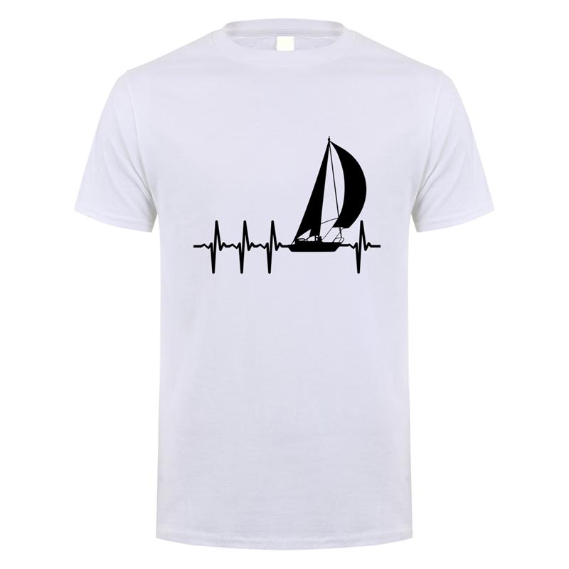Cool Heartbeat Sailing T Shirt Men Short Sleeve Cotton Boat Sail T-shirts Man Tops Tee  Gift JL-042