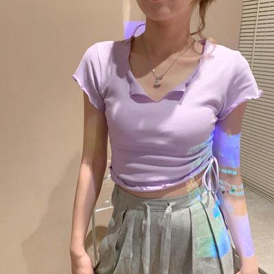 Design-sensuelles kurzes Top mit Kordelzug für den Sommer für Frauen, Hot-Girl-V-Ausschnitt, schlank, nabelentblößendes Kurzarm-T-Shirt für Frauen