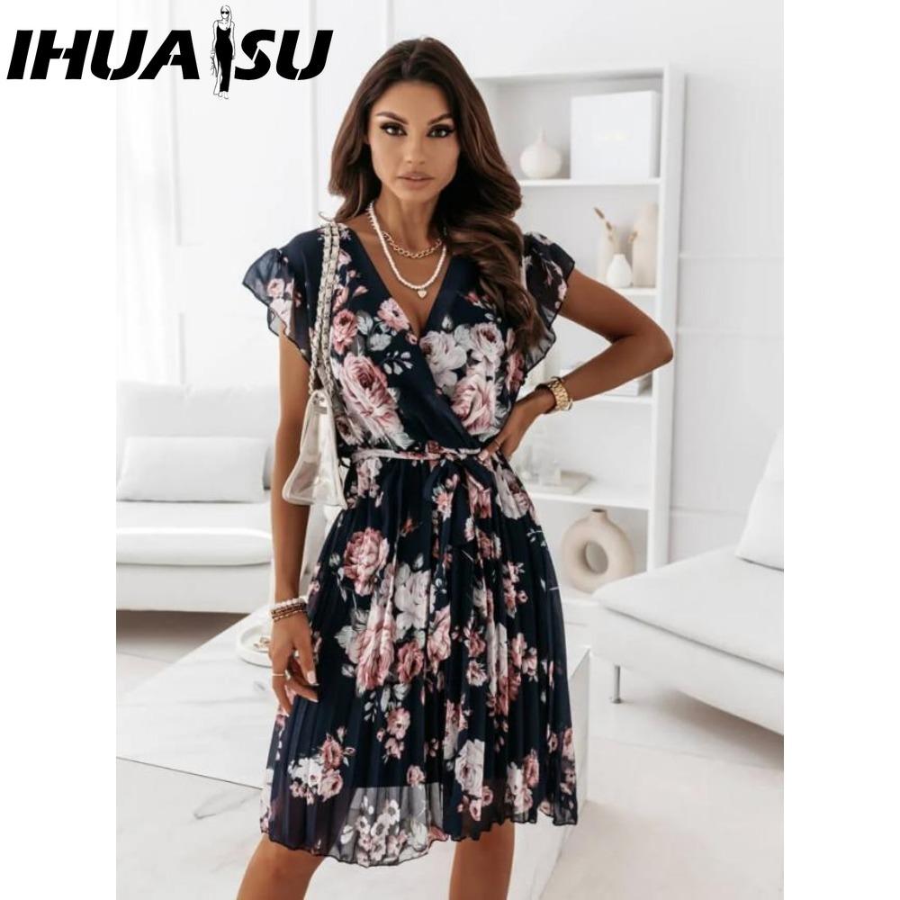 IHUASU Loose Summer Pleated Women Midi Dress V Neck High Waist Casual Dress