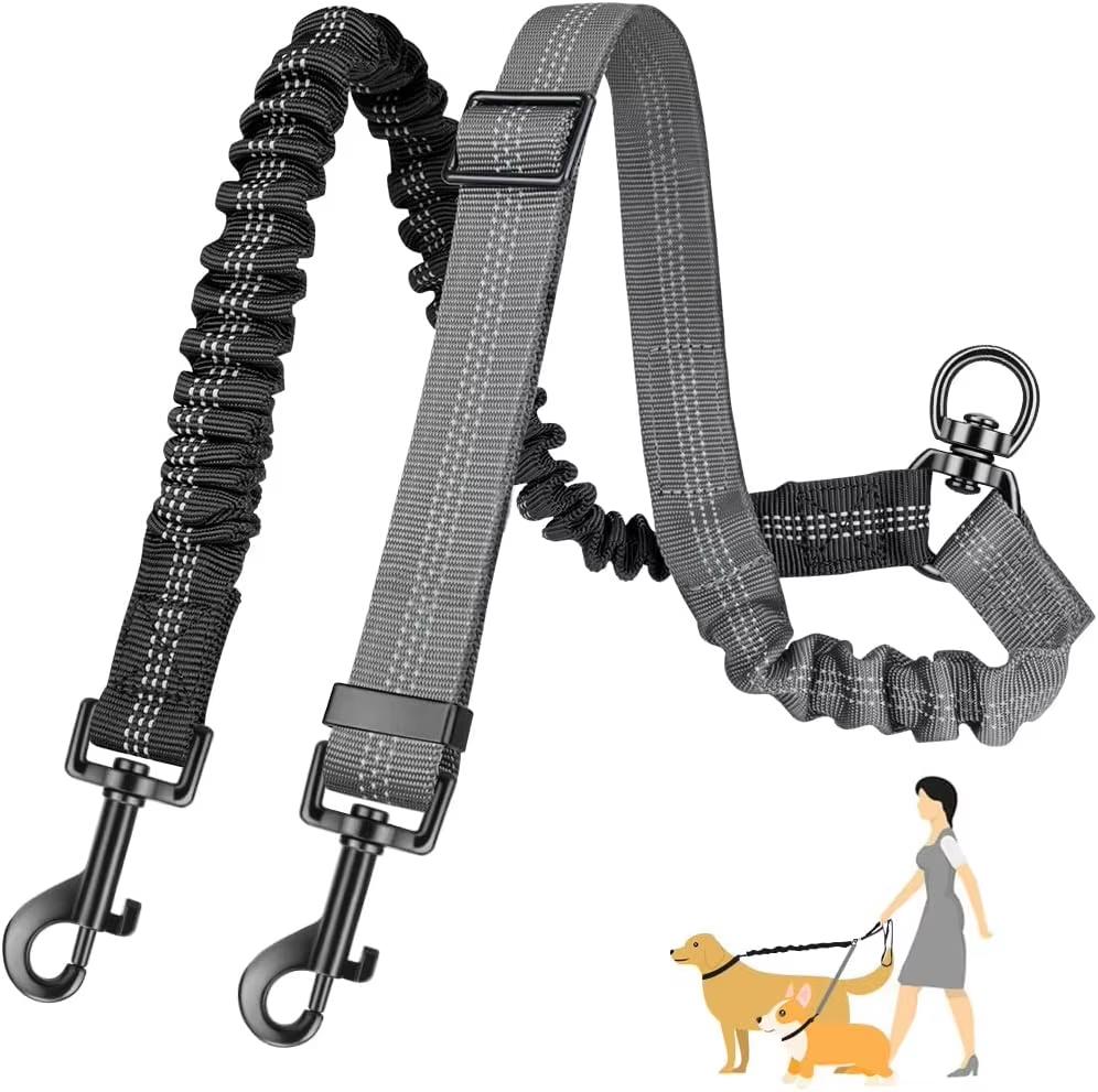 1.6ft Long Dual Dog Leash Attachment - Double Leashes for Training Small To Large Dogs - Adjustable Strap Shock Absorbing Bungee