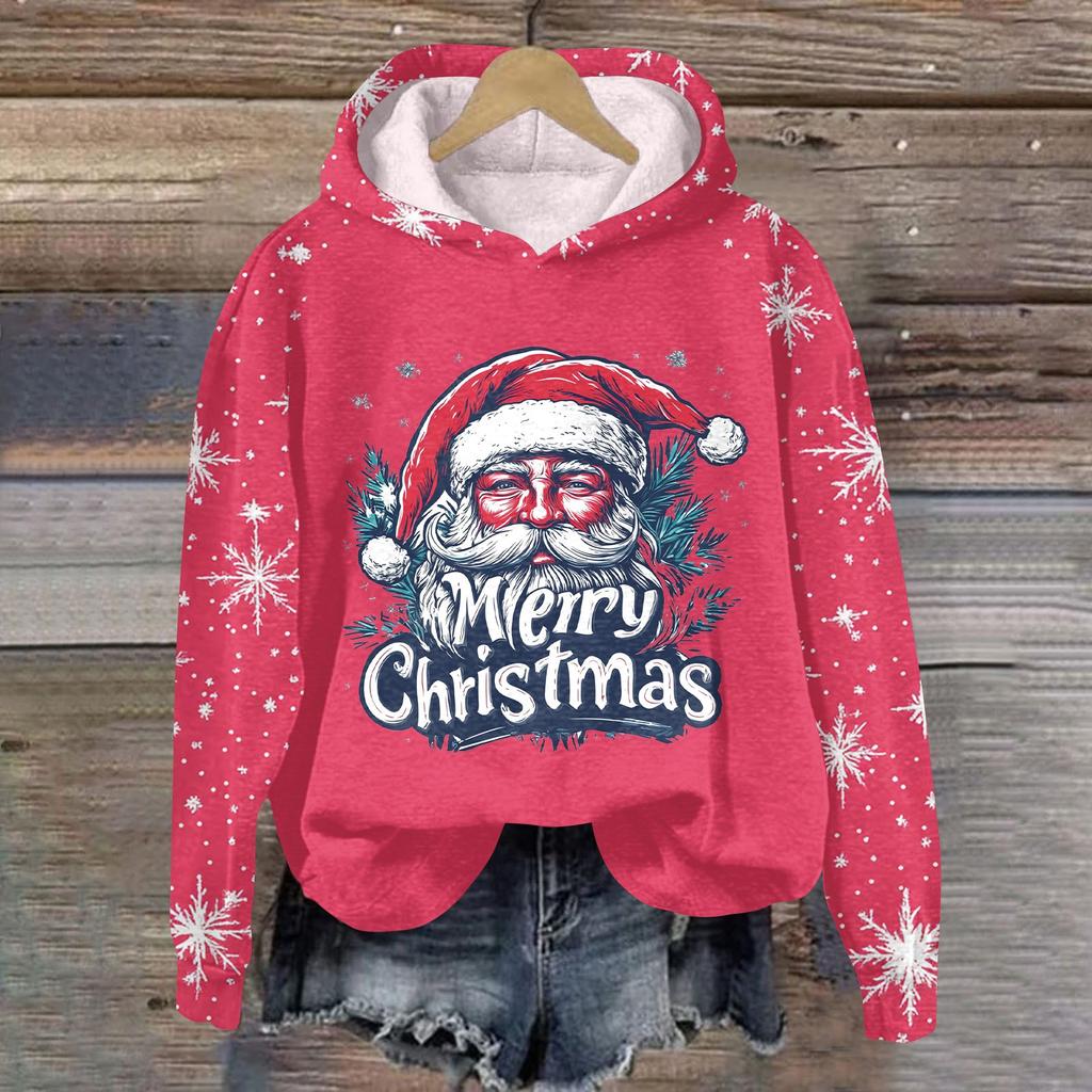 Women's Fashion Pullover Plunging Sleeve Christmas Printed Hooded Sweatshirt