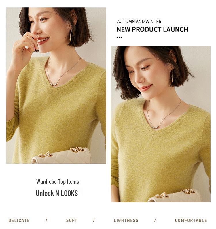 Women's V-Neck Cashmere Sweater - Slim Fit, Hollow Knit Pullover for Autumn/Winter
