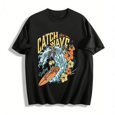 Vintage Surfing Skeleton Print Vacation Style Short Sleeve T-Shirt Pure Cotton T-shirt