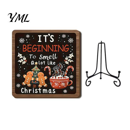 Christmas Pet Ornament Wooden Tabletop Decor, 2D Santa with Iron Stand, Rustic Wrought Display Stand Holiday Sign for Home And Cafe Festive