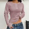 Ladies Autumn Winter Long Sleeve Button O Neck Solid Color Pullover T Shirt Top