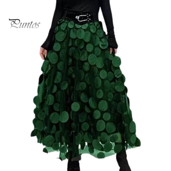 Women Summer Maxi Skirt Retro A-Line Large Hem Skirt Solid Color 3D Dot Decor High Waist Long Skirt