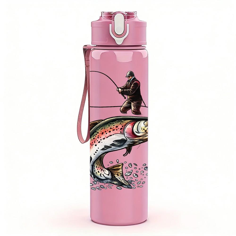 1PC Fisherman Catching Big Fish Print 750ml Color Plastic Sports Water Bottle Leakproof Flip Straw Lid Suitable for Sports Office Home Use
