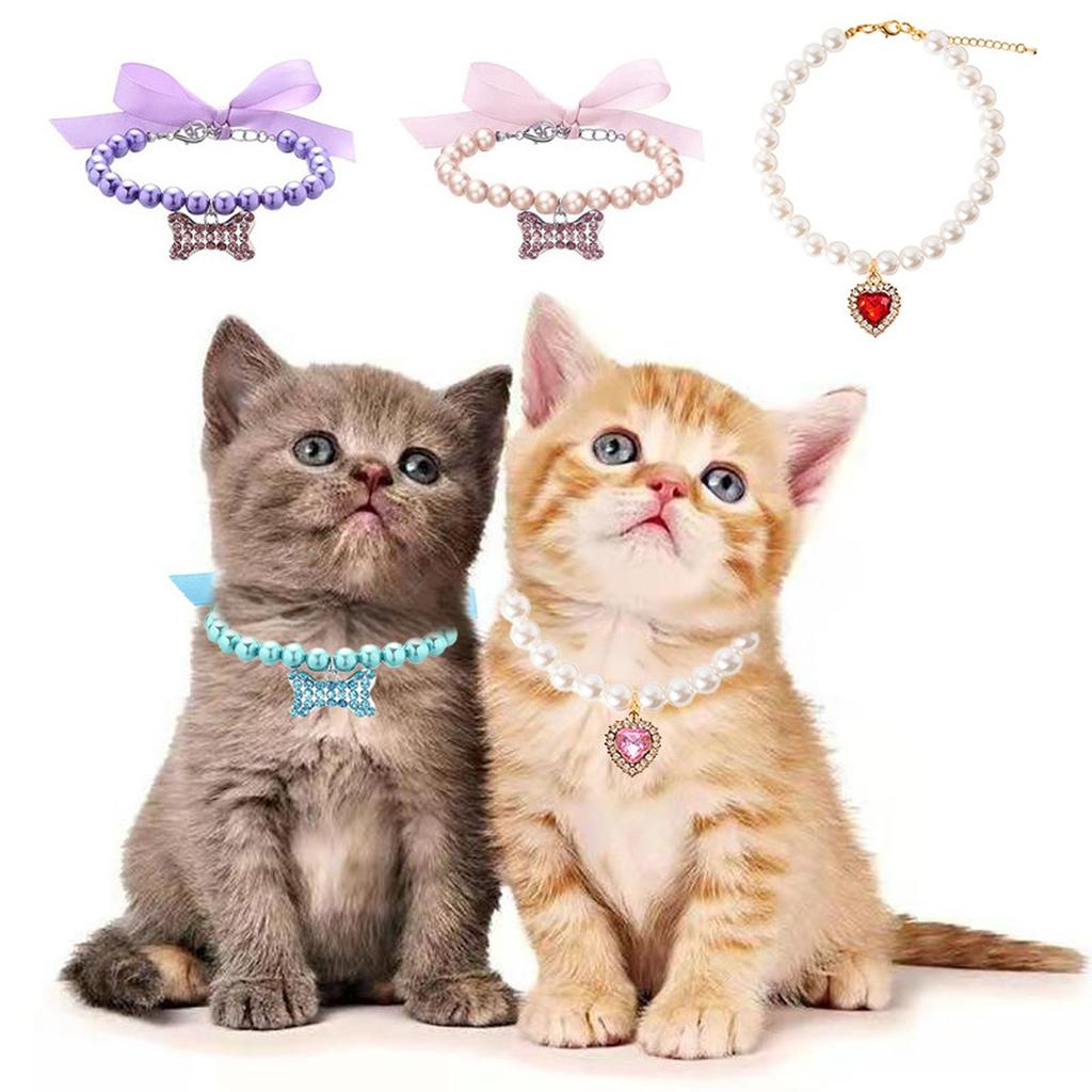 Pet Pearl Necklace Collar with & Heart Rhinestone Pendant for Small Dogs Cats