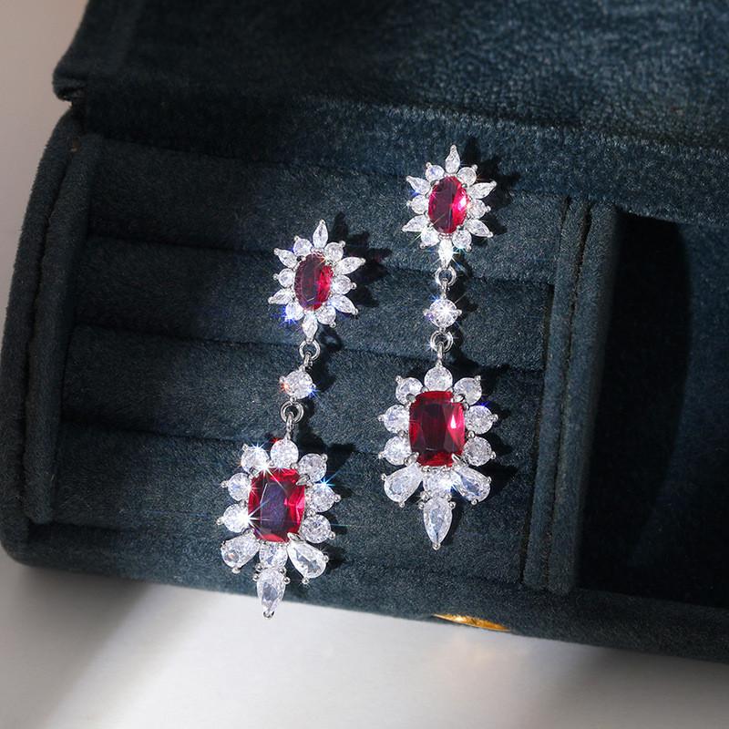 925 Sterling Silver Red CZ Hanging Flower Earrings for Women Engagement Wedding Party Elegant Earrings Fashion JewelryGood product