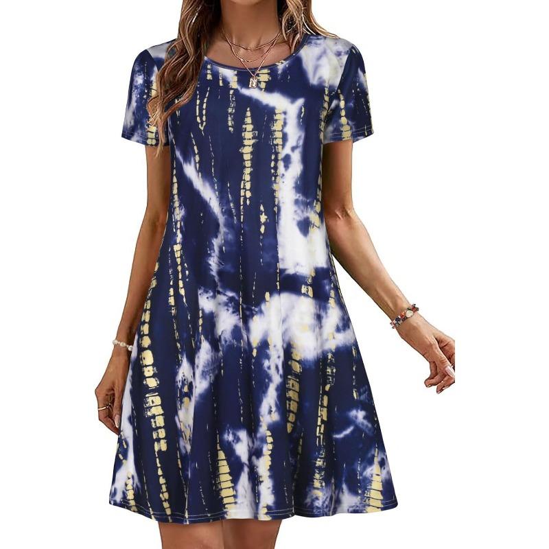 JKASHDK Abiti casual con stampa a fiori, a maniche corte, con scollo a V e vita larga, alla moda estiva da donna