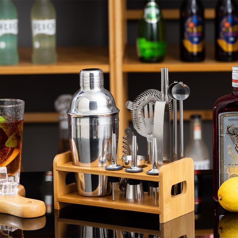 13-Piece Stainless Steel Cocktail Shaker Set with Stylish Bamboo Stand Complete Bar Tools Kit for Cocktail Mixing
