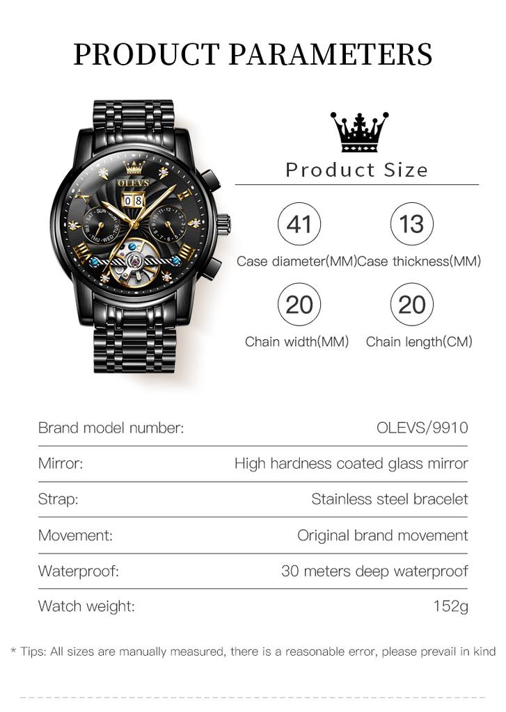 OLEVS 9910 Skeleton Flywheel Automatic Mechanical Wristwatch for Men Stainless Steel Waterproof Luminous Calendar Business Watch