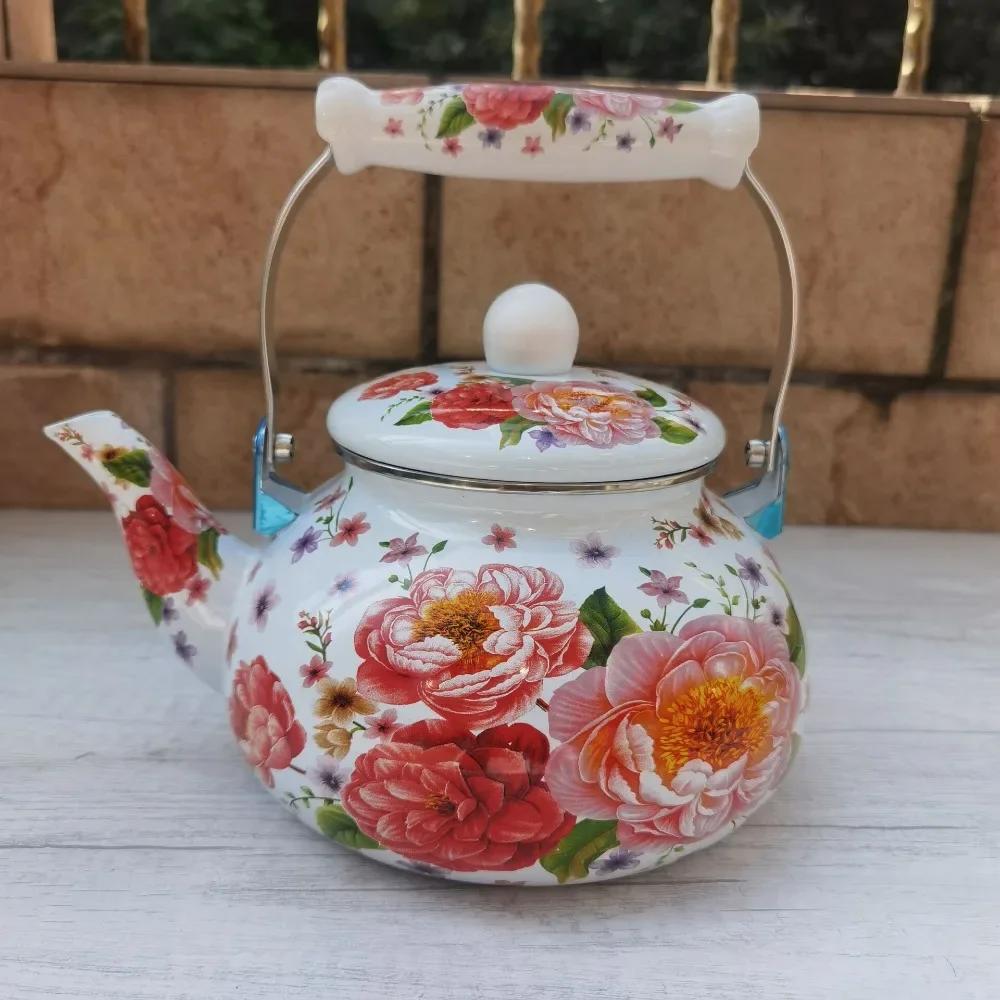 Emaille-Teekanne im chinesischen Stil 2,5L/1,5L, Anti-Verbrühungsgriff, Gasherd-Kessel, birnenförmige florale Emaille-Kaffeekanne