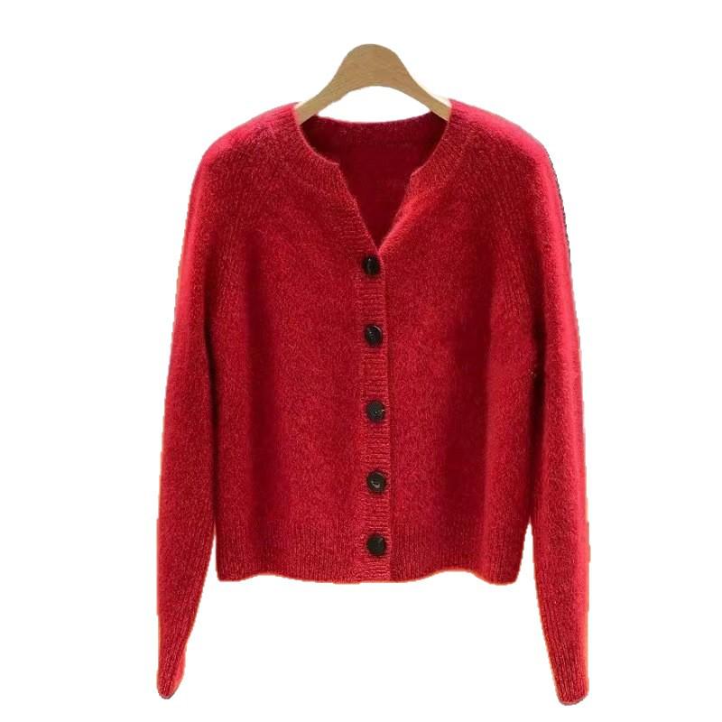 Women's Zodiac Red Cashmere Cardigan - Thick Round Neck, Chinese Style for Autumn/Winter
