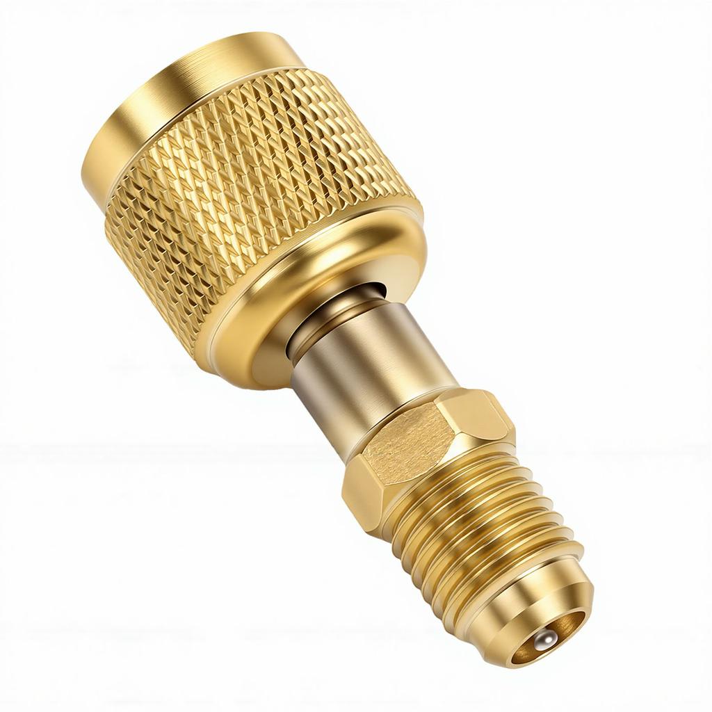 A2 Brass Refrigerant Adapter Straight Through HVAC Charging Adapter R32 Reverse Thread 1 4in Internal 1 4in External