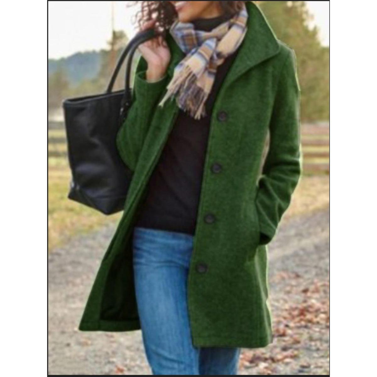 Women s Lapel Single Breasted Mid Length Wool Coat Solid Long Sleeve Winter Outerwear S темно-зеленого