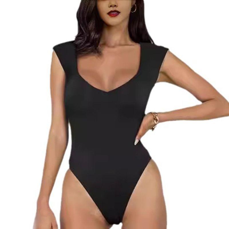 

Solid Color V-neck Sleeveless Jumpsuit Women Solid Color and V-neck Sleeveless Leotard Black XL