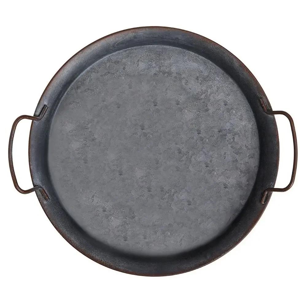 Vintage Iron Bread Tray with Handle Round Metal Plate for Food Serving Home Decor Kitchen Tableware Photo Prop