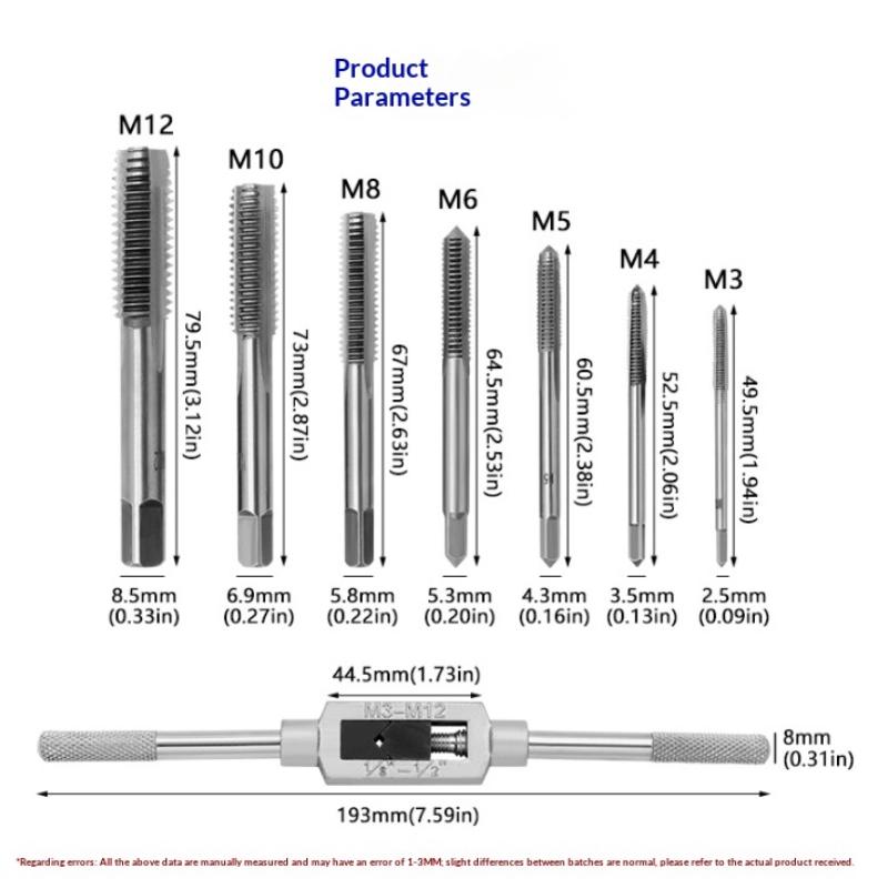 7 In 1 Metric Screw Tap Set Bearing Steel Taper Point Straight Fluted M3 to M12 Tapping Tool for Household Maintenance