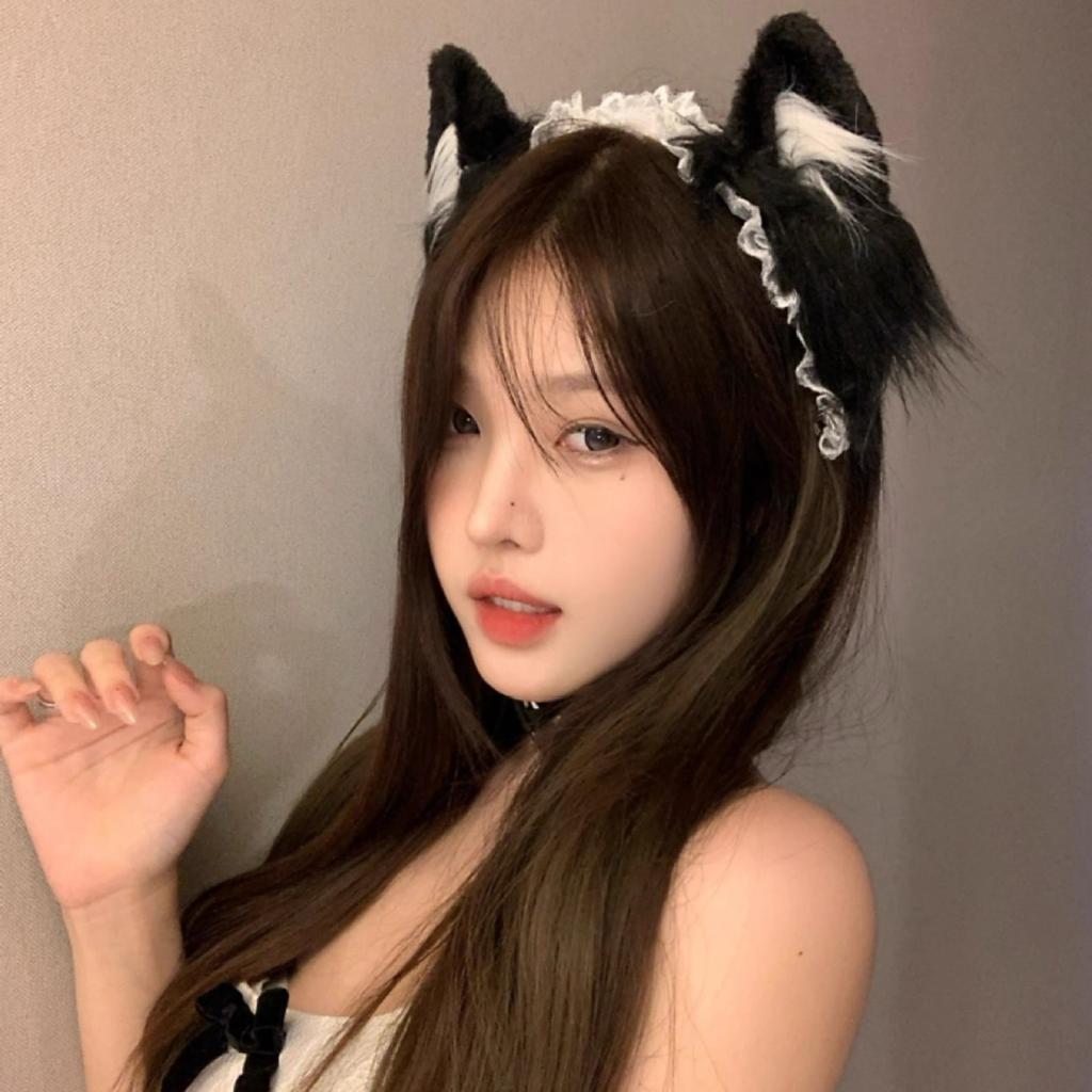 Koronkowa opaska z kocimi uszami dla dziewczynek, akcesoria do włosów, uszy bestii, urocze nakrycie głowy Lolita, kocia opaska, pluszowa spinka do włosów