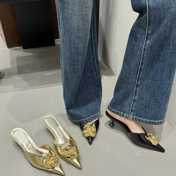 Spring Women'S Shoes Fashion Style Metal Camellia Pointed Head Thin Heel High Heel Bag Head Half Slippers Women'S Shoes