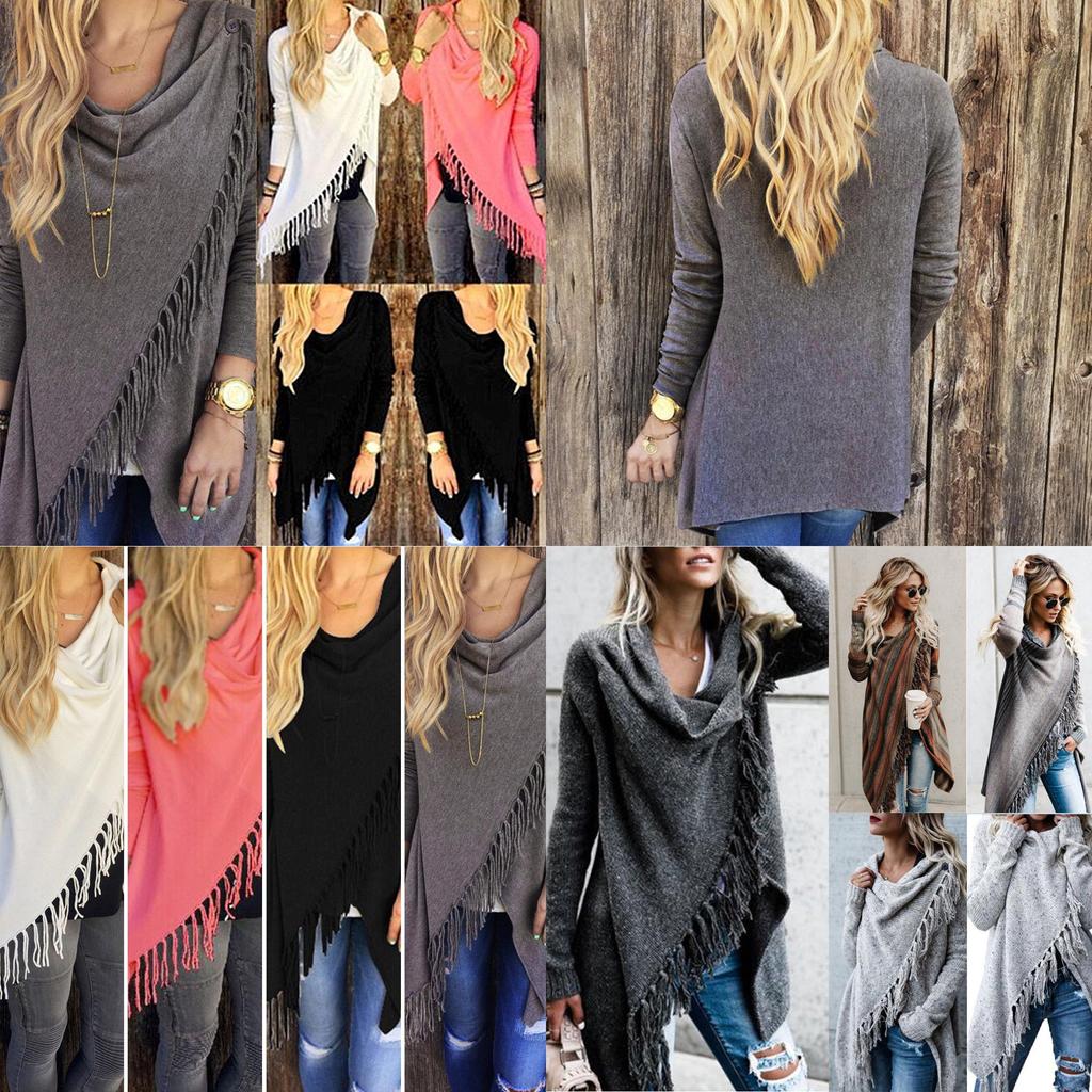 Elegant Women's Irregular Tassel Cardigan Sweater Poncho Shawl With Classic Design