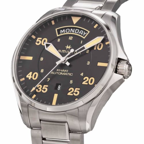 Hamilton Khaki Aviation Pilot Day Date Automatic Watch, 42mm, Swiss Brand, Men's, Silver, Black Dial, Stainless Steel, Sapphire Crystal, H64645131